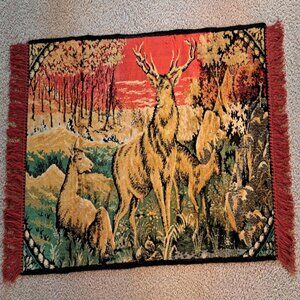 DEER TAPESTRY WALL HANGING RUG VELVETEEN WOODS SUNSET VINTAGE 44" X 20"